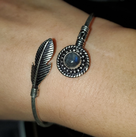 Labradorite Cuff Feather Bracelet SS 925 - Picture 2 of 6